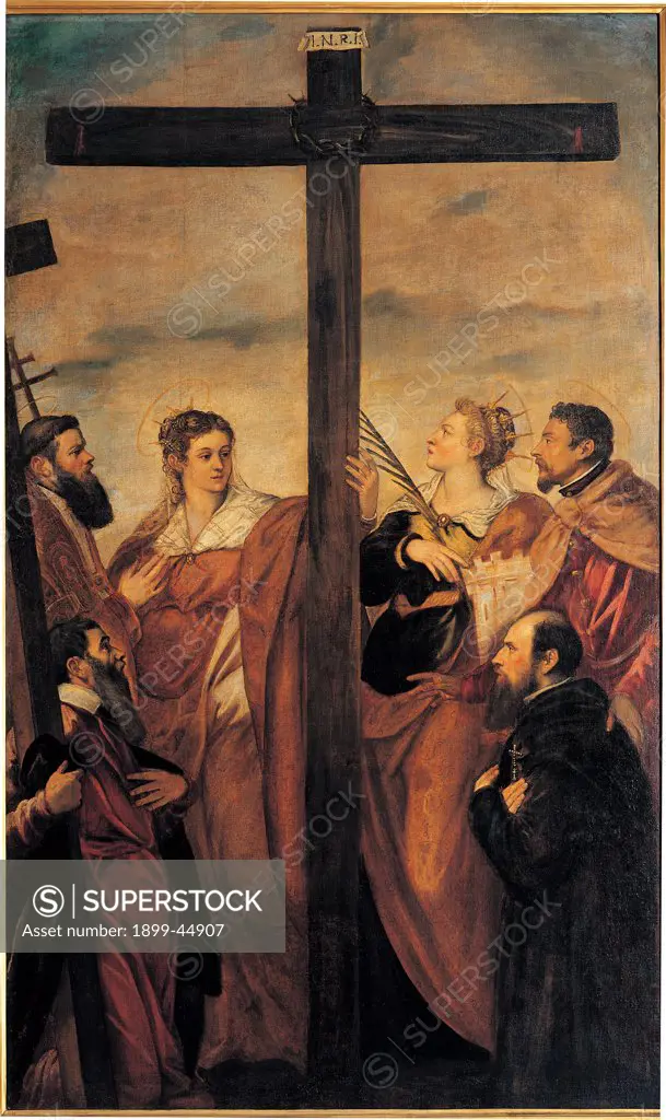 The Adoration of the Cross (St Helen, St Barbara, St Andrew, St Macarius, an unidentified Saint and a Devotee Worship the Holy Cross), by Robusti Jacopo known as Tintoretto, 1560 - 1560, 16th Century, oil on canvas. Italy: Lombardy: Milan: Brera Art Gallery. Whole artwork. Adoration of the Cross (St Helen, St Barbara, St Andrew, St Macarius, an unidentified Saint and a devotee worship the Holy Cross overcast/cloudy sky diffused yellow light