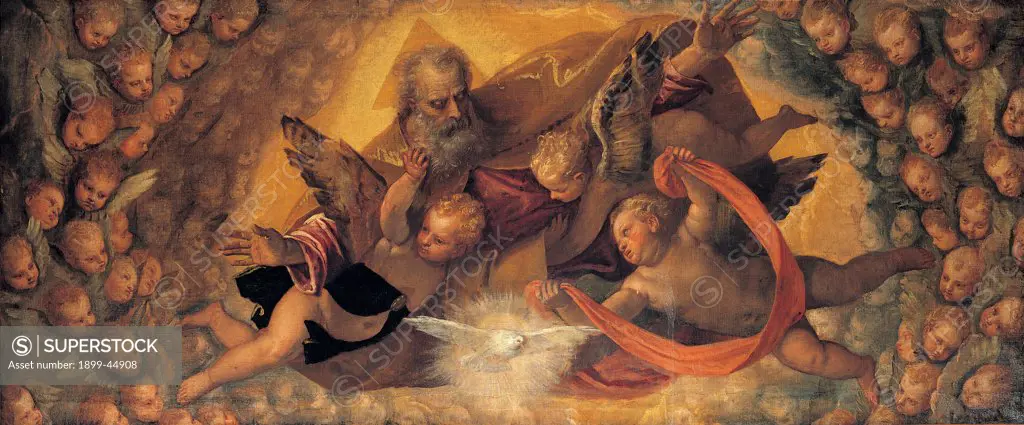 God the Father Surrounded by Angels, by school Caliari Paolo detto Veronese, 16th Century, oil on canvas. Italy: Lombardy: Milan: Brera Art Gallery: inv. Napoleonico n.96. Whole artwork. God the Almighty Father surrounded by rejoicing/jubilant angels light