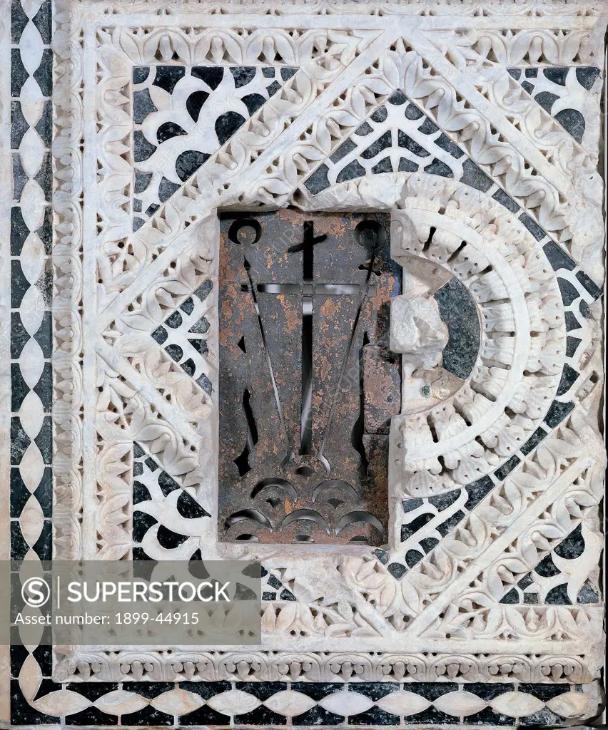 Panel with marble inlay, by Unknown artist, 13th Century, marble. Italy: Tuscany: Florence: Opera di Santa Maria del Fiore Museum. Whole artwork. Back panel inlay door copper decoration