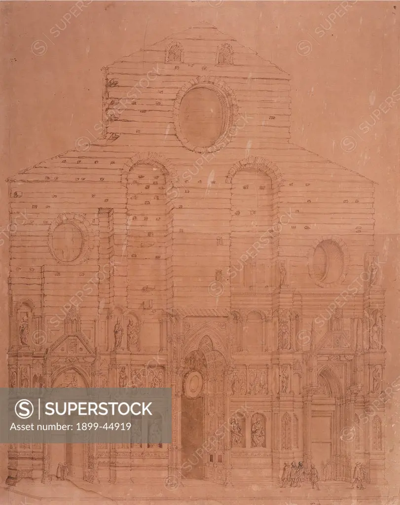 The Ancient Facade of Santa Maria del Fiore before Being dismantled, by Barbatelli Bernardino known as il Poccetti, 1586 - 1587, 16th Century, pen and ink, brown watercolor on paper later applied to canvas. Italy: Tuscany: Florence: Santa Maria del Fiore Opera Archive. Whole artwork. Church facade rose-window brickwork doorways Santa Maria del Fiore
