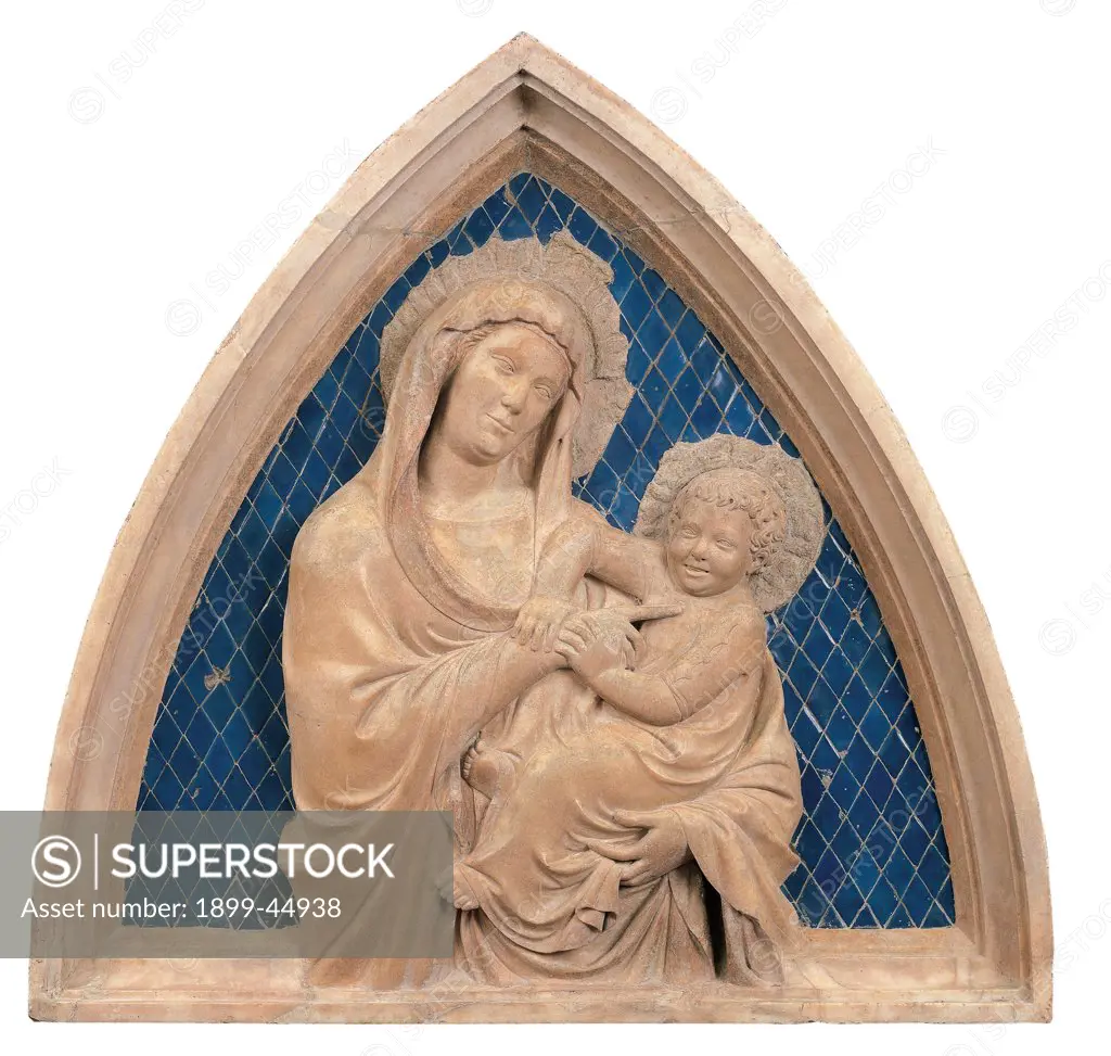 Virgin and Child, by Andrea da Pontedera known as Andrea Pisano, 1337 - 1341, 14th Century, marble and majolica. Italy: Tuscany: Florence: Opera di Santa Maria del Fiore Museum. Whole artwork. Relief Virgin Mary tickling Baby/Child Jesus mother son marble light blue/azure majolica