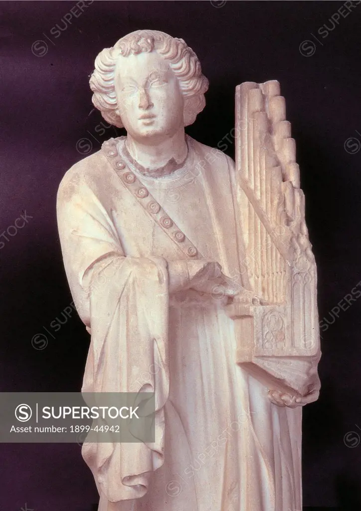 Angel with an organ, by Piero di Giovanni Tedesco, 1387, 14th Century, marble. Italy: Tuscany: Florence: Opera di Santa Maria del Fiore Museum. Detail. Statue marble angel musician organ drapery robe/dress