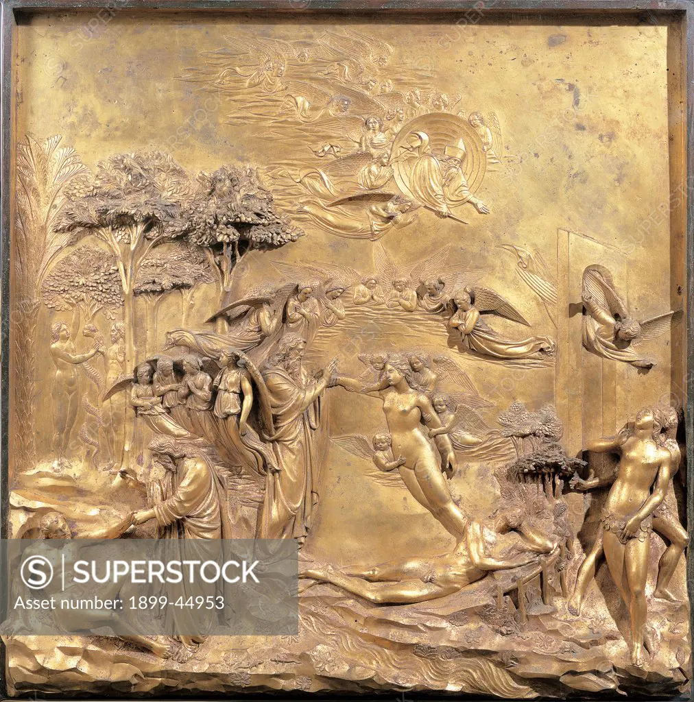 Creation of Adam and Eve, by Ghiberti Lorenzo, 1425 - 1452, 15th Century, casting bronze, chased and gilded. Italy: Tuscany: Florence: Opera di Santa Maria del Fiore Museum. Whole artwork. Panel gold decoration creation Adam Eve Eden Paradise God angels trees sky