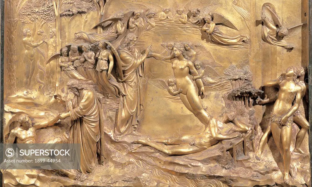Creation of Adam and Eve, by Ghiberti Lorenzo, 1425 - 1452, 15th Century, casting bronze, chased and gilded. Italy: Tuscany: Florence: Opera di Santa Maria del Fiore Museum. Detail. Panel gold decoration creation Adam Eve Eden Paradise God angels