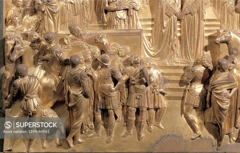 The Meeting of King Solomon and the Queen of Sheba, by Ghiberti Lorenzo, 1425 - 1452, 15th Century, casting bronze, chased and gilded. Italy: Tuscany: Florence: Opera di Santa Maria del Fiore Museum. Detail. Panel gold decoration women men group onlookers/bystanders guards horses