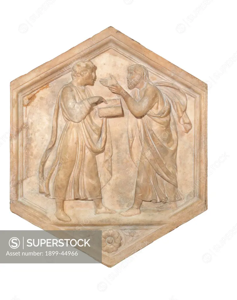 Logic and Dialectic, by Della Robbia Luca, 1437 - 1439, 15th Century, marble. Italy: Tuscany: Florence: Opera di Santa Maria del Fiore Museum. Whole artwork. Hexagon panel men book discussion dialectic conversation dialogue