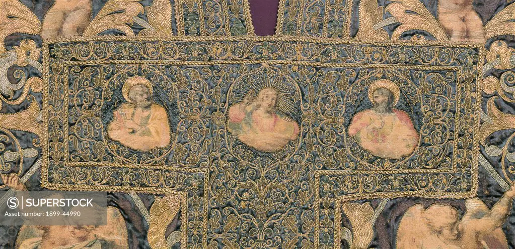 Farnese Atlas, by Carracci Annibale, 1598 - 1600, 16th Century, embroidered satin, painted. Italy: Tuscany: Florence: Opera di Santa Maria del Fiore Museum. Detail. Front part planet decoration parament fabric/tissue satin embroidery figures sacred holy