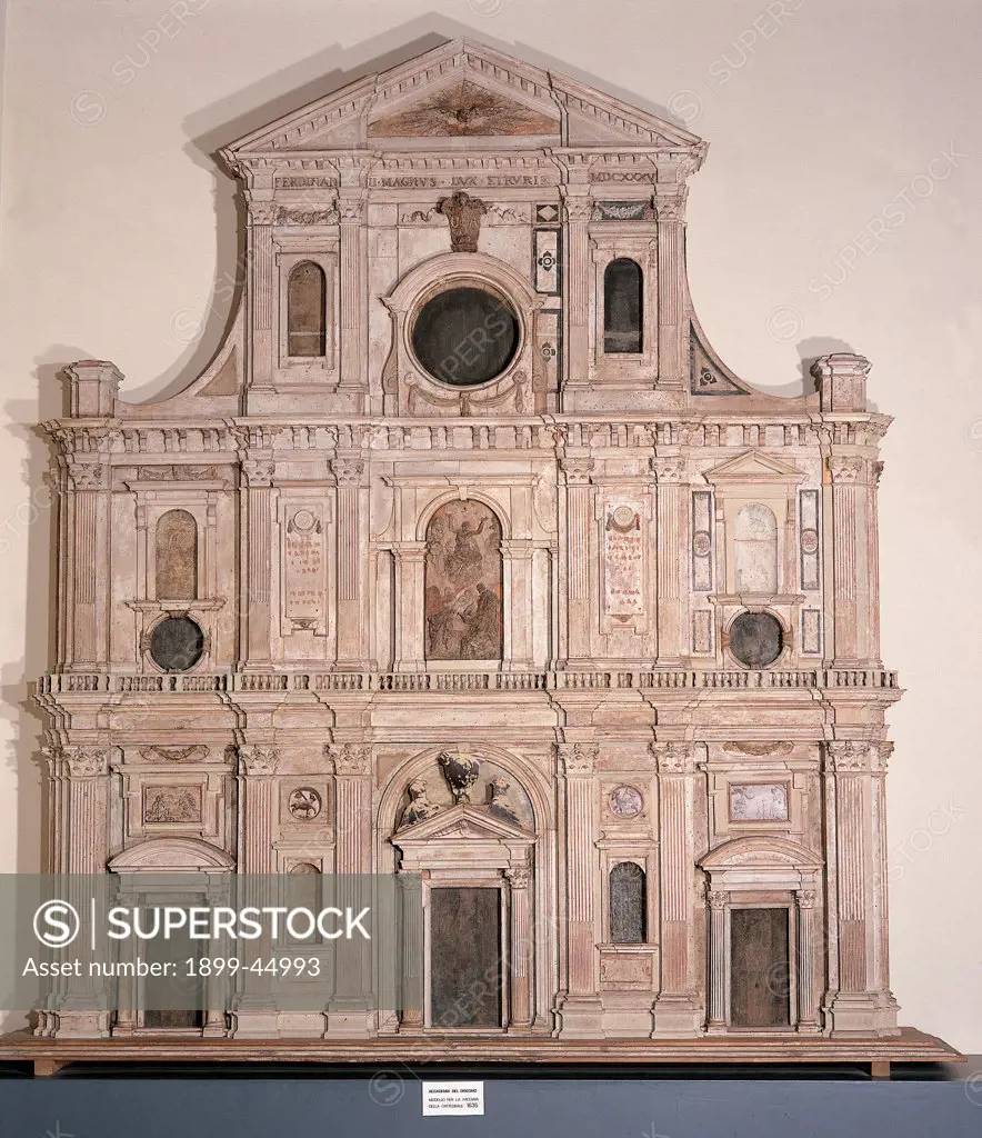 Facade model of Santa Maria del Fiore, Florence, by Drawing Academy, 1635, 17th Century, painted wood and polychrome wax. Italy: Tuscany: Florence: Opera di Santa Maria del Fiore Museum. Whole artwork. Model facade duomo cathedral doors pilaster strips pediment rose window wood painted