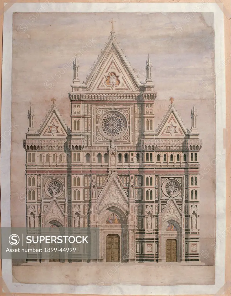 Dome, draft for the facade, by De Fabris Emilio, 1866 - 1867, 19th Century, pen and colored watercolor on paper. Italy: Tuscany: Florence: Opera di Santa Maria del Fiore Museum. Whole artwork. Draft/project/plan drawing facade cathedral pediment/fronton spires rose-window portals two-light windows