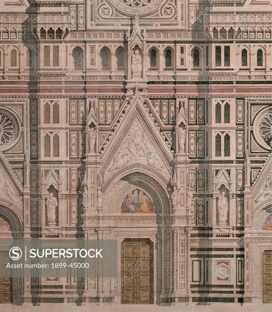 Dome, draft for the facade, by De Fabris Emilio, 1866 - 1867, 19th Century, pen and colored watercolor on paper. Italy: Tuscany: Florence: Opera di Santa Maria del Fiore Museum. Detail. Project/plan drawing facade cathedral portal mullioned two-light windows decoration