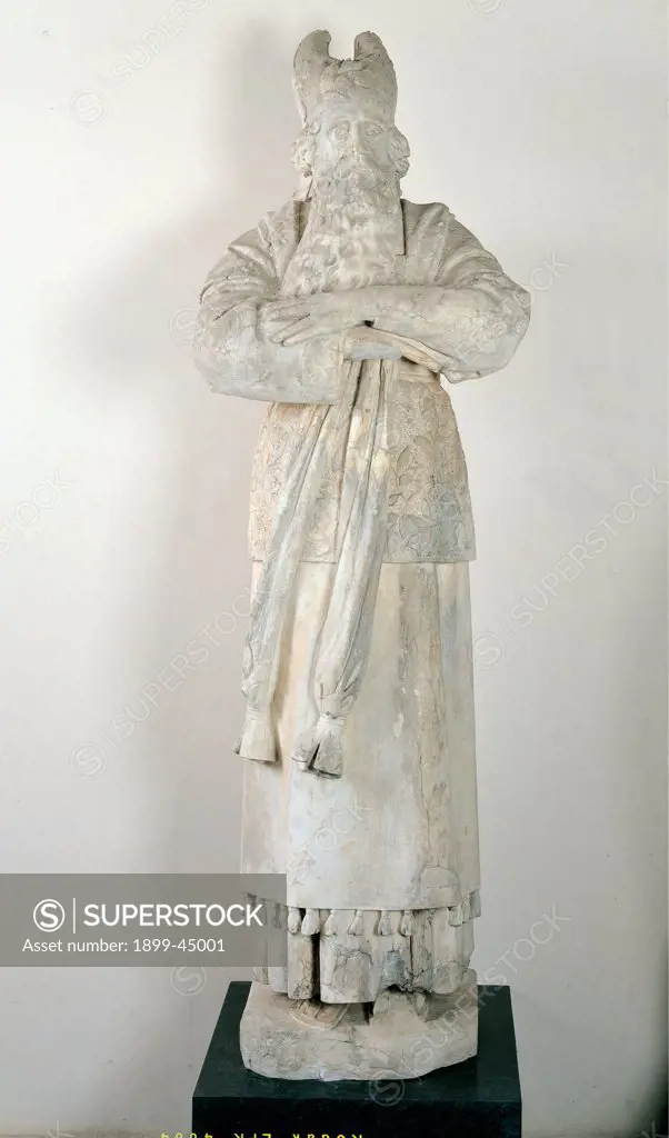 Aaron, by Tassara Giovanni Battista, 1882 - 1883, 19th Century, marble. Italy: Tuscany: Florence: Opera di Santa Maria del Fiore Museum. Whole artwork. Man beard Aaron dress/clothes high priest paraments statue arms crossed
