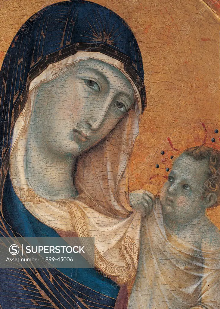Madonna and Child with Six Angels, by Duccio di Buoninsegna, 1304 - 1311, 14th Century, gold and tempera on panel. Italy. Umbria. Perugia. The National Gallery of Umbria. Detail of faces of the Virgin and Child. Veil pleats archaic face Byzantine superciliary arch. Tender gesture of Baby Jesus/Christ Child/Child Jesus who playing with the veil of Virgin Mary. Blue rose orange brown tones cream color aureole/halo nimbus