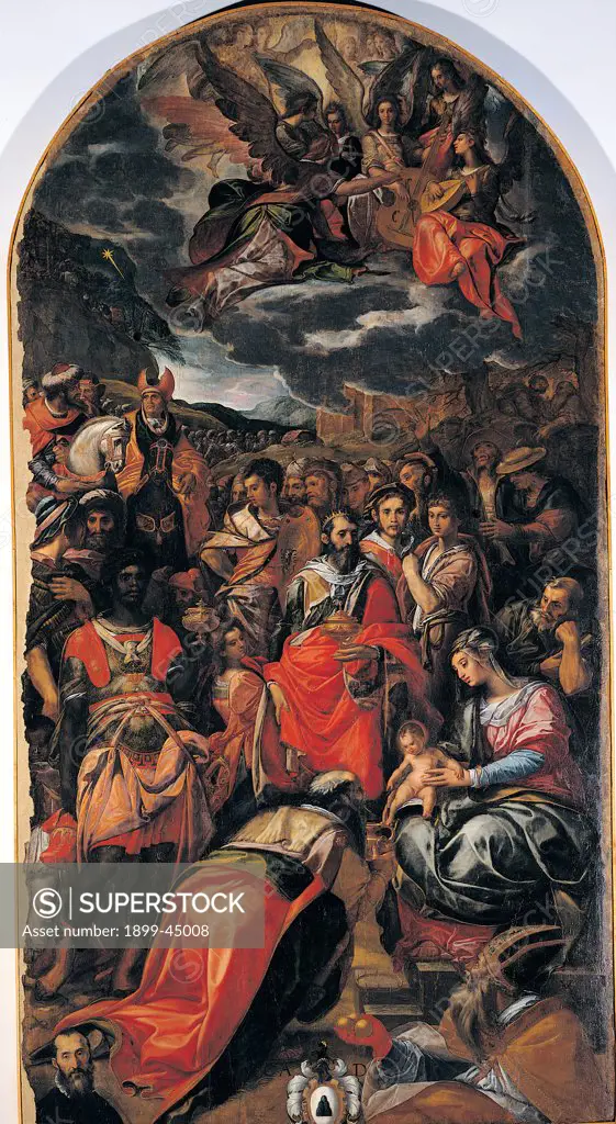 The Adoration of the Magi, by van den Broeck Hendrick known as Arrigo Fiammingo, 1519 - 1597, 16th Century, panel. Italy: Umbria: Perugia: The National Gallery of Umbria. Whole artwork. The Adoration of the Magi semicircular cyma/cymatium/moulding Madonna and Child multitude of bystanders/onlookers angels clouds red black white gray pink light blue/azure