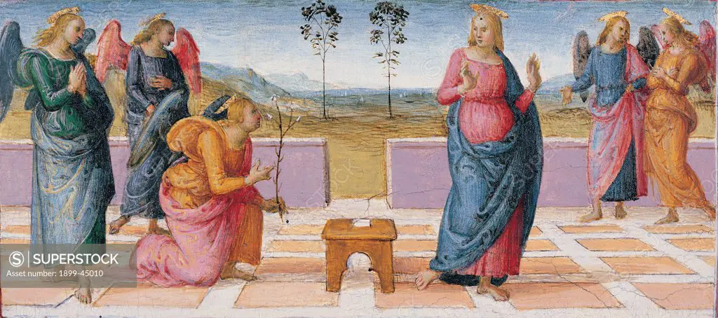 Annunciation, by Vannucci Pietro known as Perugino, 1507, 16th Century, panel. Italy: Umbria: Perugia: The National Gallery of Umbria. Whole artwork. Panel of the predella The Annunciation the Virgin Mary Madonna annunciate Archangel Gabriel aureole/halo lily angels stool trees landscape light blue/azure blue pink orange