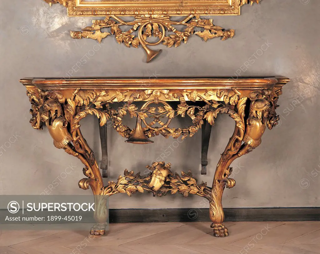 Console, by perhaps by Marchetti Ignazio, 1770, 18th Century, wood carved and gilded. Italy: Emilia Romagna: Parma: National Gallery of Art. Front view wall table console gold phytomorphic motifs gilded wood cuirass bugle-horn lion's protomes