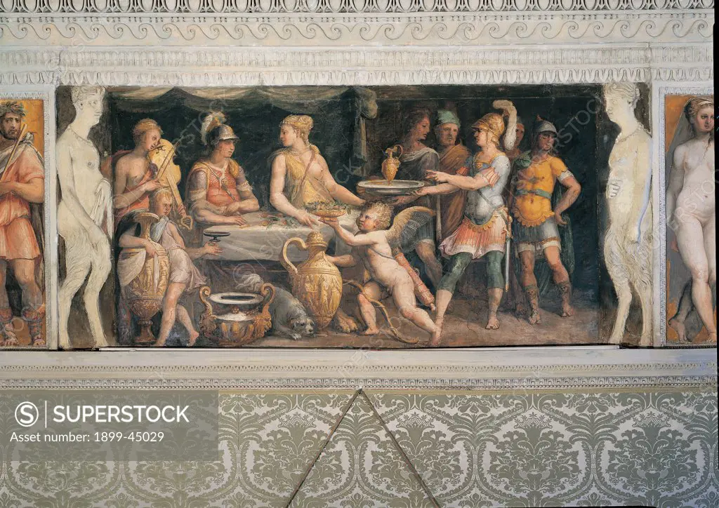 The Banquet of Dido and Aeneas, by Anonymous artist, 16th Century, fresco. Italy: Lazio: Rome: Palazzo Spada: Stanza di Enea. Whole artwork. Square Aeneas hero Dido goddess banquet laid table tablecloth putto soldiers cuirasses helmet servants musician violet/purple dog amphora kantharos frame human figures caryatids