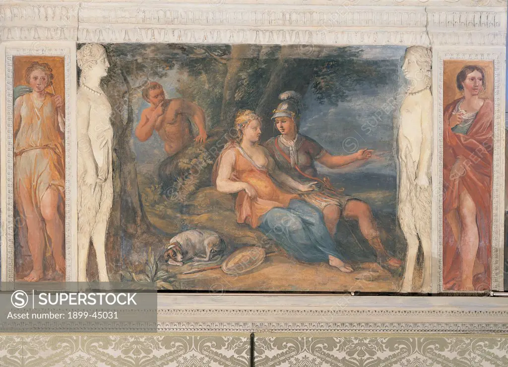 The Love Affair of Dido and Aeneas, by Anonymous artist, 17th Century, fresco. Italy: Lazio: Rome: Palazzo Spada: Stanza di Enea. Whole artwork. Leafy branches tree naked man peeping man spy probably Hermes Aeneas hero cuirass helmet plume Dido queens woman love lovers dog shield lances/spears square human figures caryatids