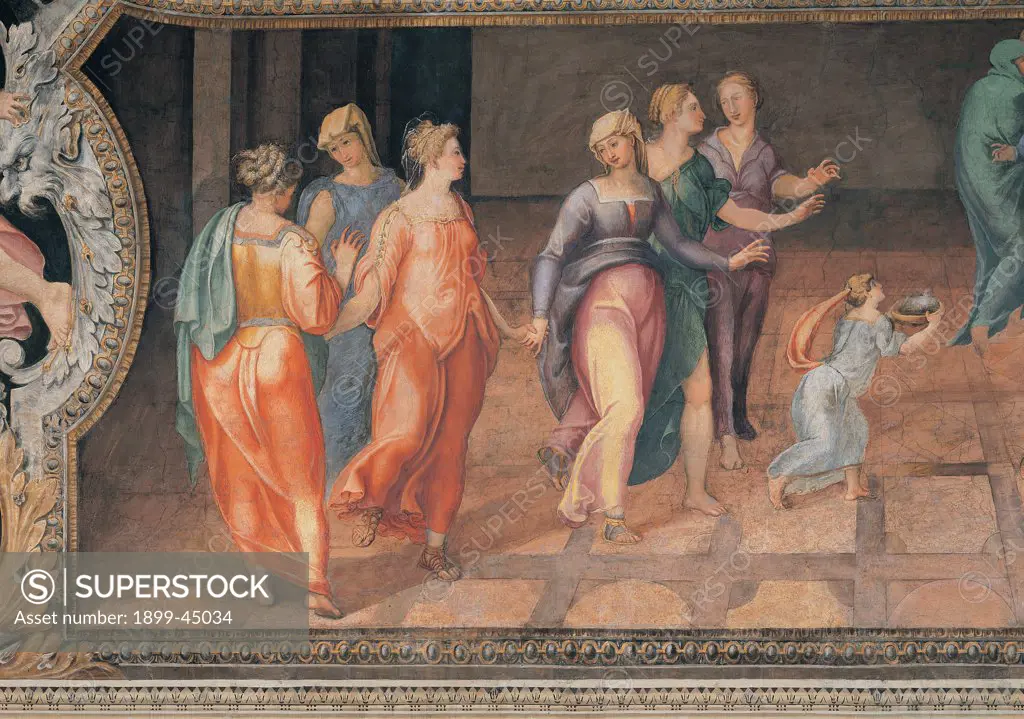 Birth of Achilles, by Anonymous artist, 16th Century, fresco. Italy: Lazio: Rome: Palazzo Spada: Stanza di Achille. Detail. Women maid servants garments/clothes draperies young girl floor squares perspective