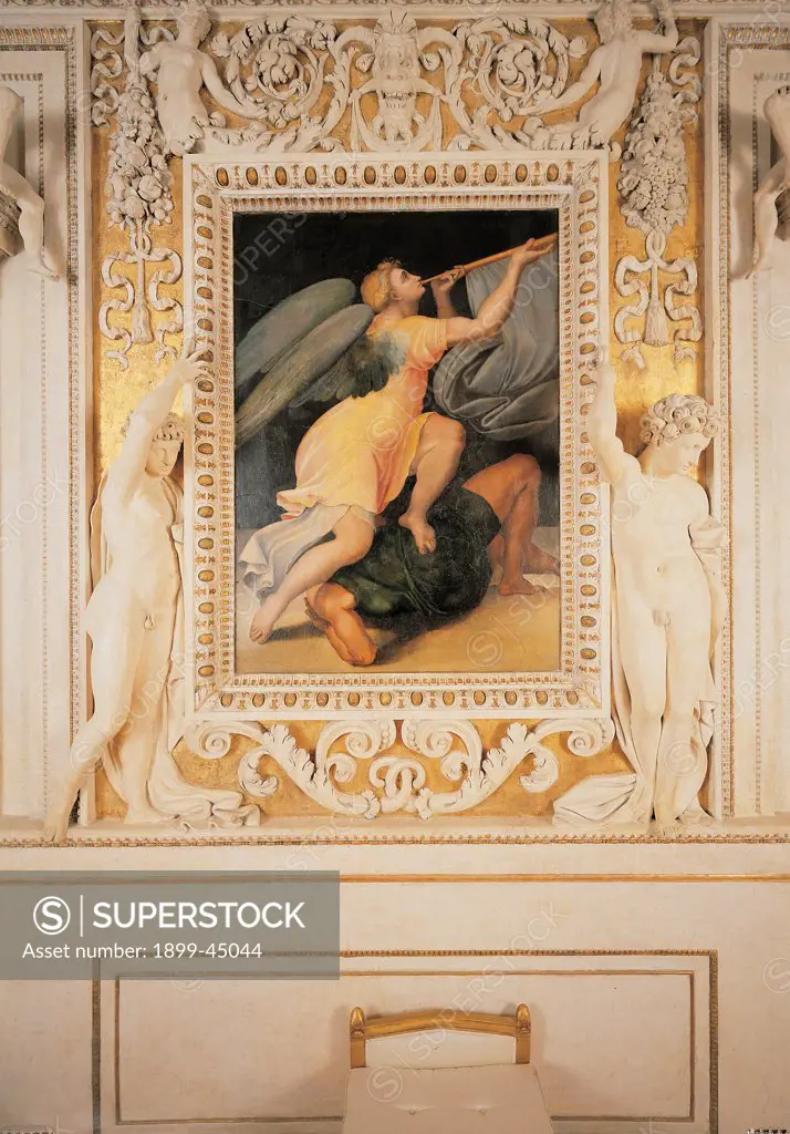 Fame, by co-worker Mazzoni Giulio, 1550, 16th Century, fresco. Italy: Lazio: Rome: Palazzo Spada: Galleria degli Stucchi. Whole artwork. Frame panel stuccoes winged figure Fame personification trumpet wings clothes/dress gown drapery/draping man yoked white yellow