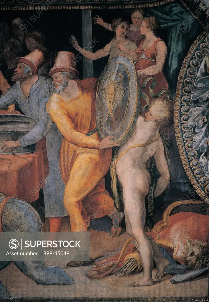 Ulysses Unmasking Achilles, by Anonymous artist, 1550, 16th Century, fresco. Italy: Lazio: Rome: Palazzo Spada: Stanza di Achille. Detail. Man beard headgear/headdress Ulysses shield naked men companions women young girls quiver arrows yellow blue pink red black