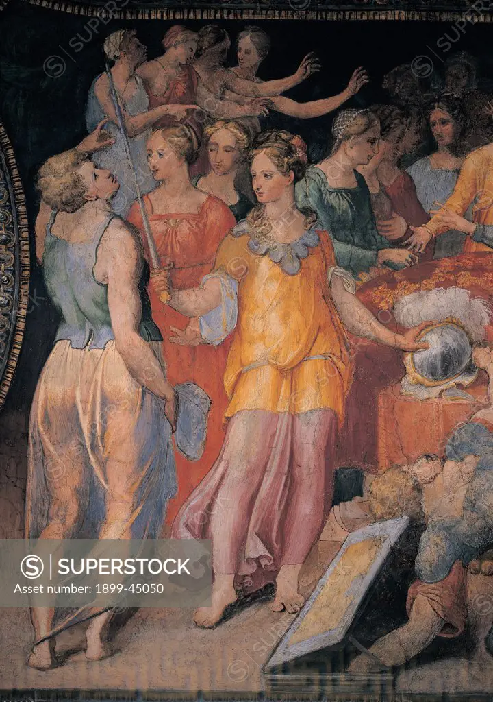 Ulysses Unmasking Achilles, by Anonymous artist, 1550, 16th Century, fresco. Italy: Lazio: Rome: Palazzo Spada: Stanza di Achille. Detail. Women young girls king's daughters arms presents plumed helmet sword shield cuirass disguised Achilles orange light blue/azure red black white half-light
