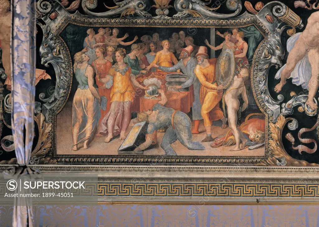 Ulysses Unmasking Achilles, by Anonymous artist, 1550, 16th Century, fresco. Italy: Lazio: Rome: Palazzo Spada: Stanza di Achille. Whole artwork. Women young girls king's daughters arms presents plumed helmet sword shield cuirass disguised Achilles orange light blue/azure red black white half-light man beard headgear/headdress Ulysses shield naked men companions quiver arrows painted frame plant volutes/spiral