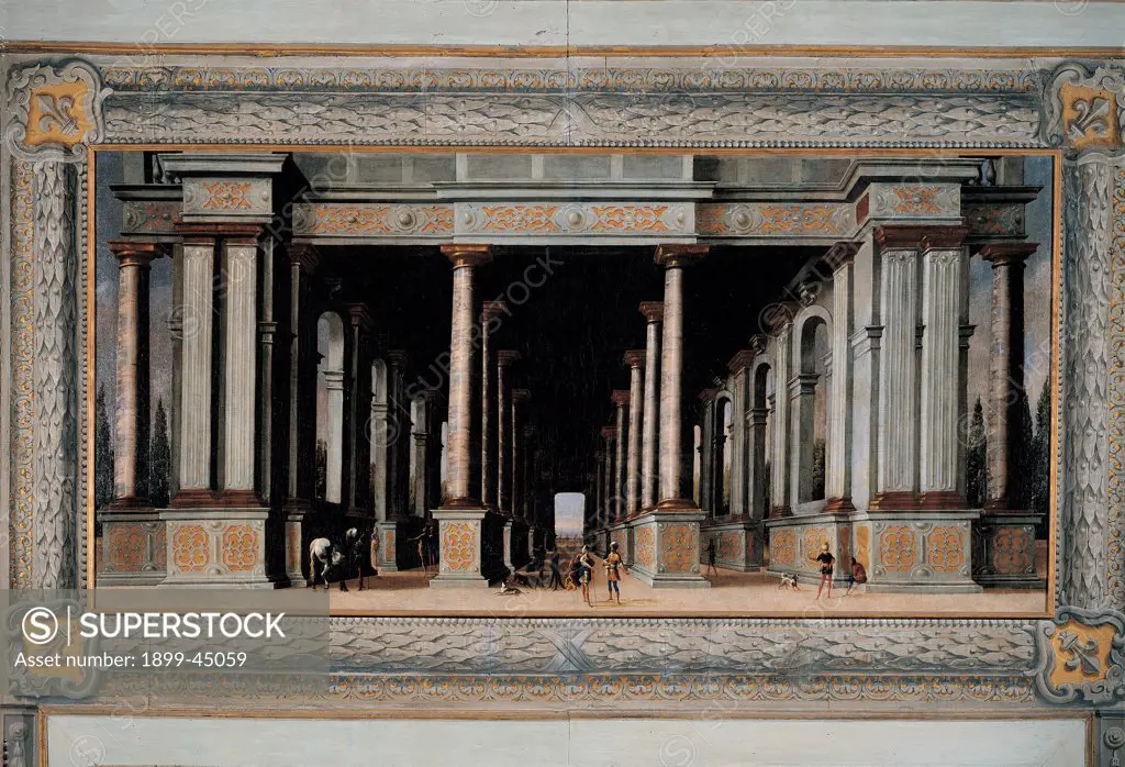 Perspective, by Roman school artist, 17th Century, fresco. Italy: Lazio: Rome: Palazzo Spada: Stanza del Sole. Whole artwork. Perspective colonnade pillars pedestals columns small figures painted frame panel