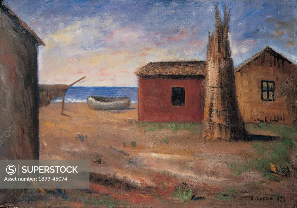 The Beach (Beach Huts at the Seaside), by Carra Carlo, 1927, 20th Century, oil on canvas. Private collection. Whole artwork. Marine landscape seascape beach hut boat sky yellow ochre light blue/azure red