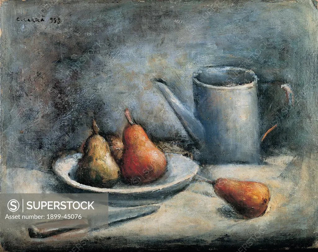 Still Life with pears and coffee pot, by Carra Carlo, 1933, 20th Century, oil on canvas. Private collection. Whole artwork. Still Life table knife plate dish pears coffee pot gray