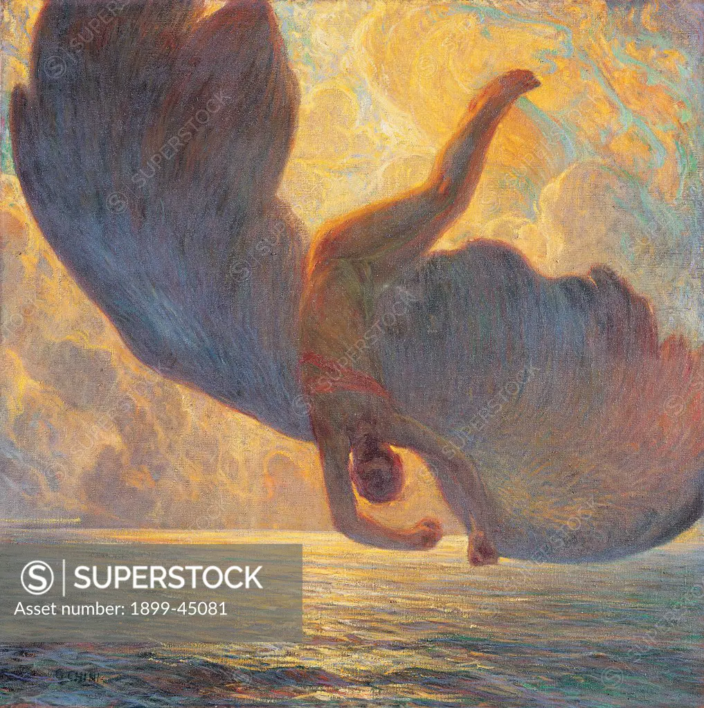 Icarus, by Chini Galileo, 1907, 20th Century, oil on canvas. Private collection. Whole artwork. Icarus sea fall wings Divisionist painting water clouds reflections light water clouds pierced by light red yellow orange blue light blue/azure violet/purple green