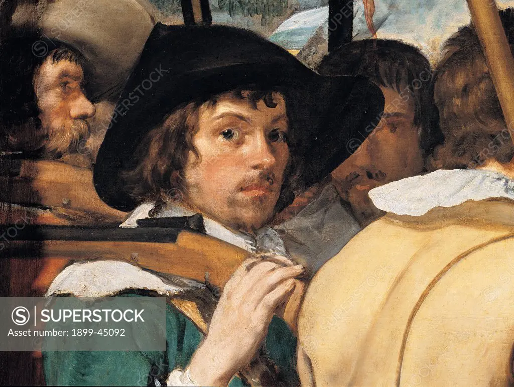 The Surrender of Breda (Las lanzas), by Velázquez Diego Rodriguez de Silva y, 1633 - 1635, 17th Century, oil on canvas. Spain. Madrid. Madrid. Prado National Museum. Detail (left) of man with rifle slung over his shoulder. Wide-brimmed hat collar white black beige yellow green red brown pink dark tones/hues/shades