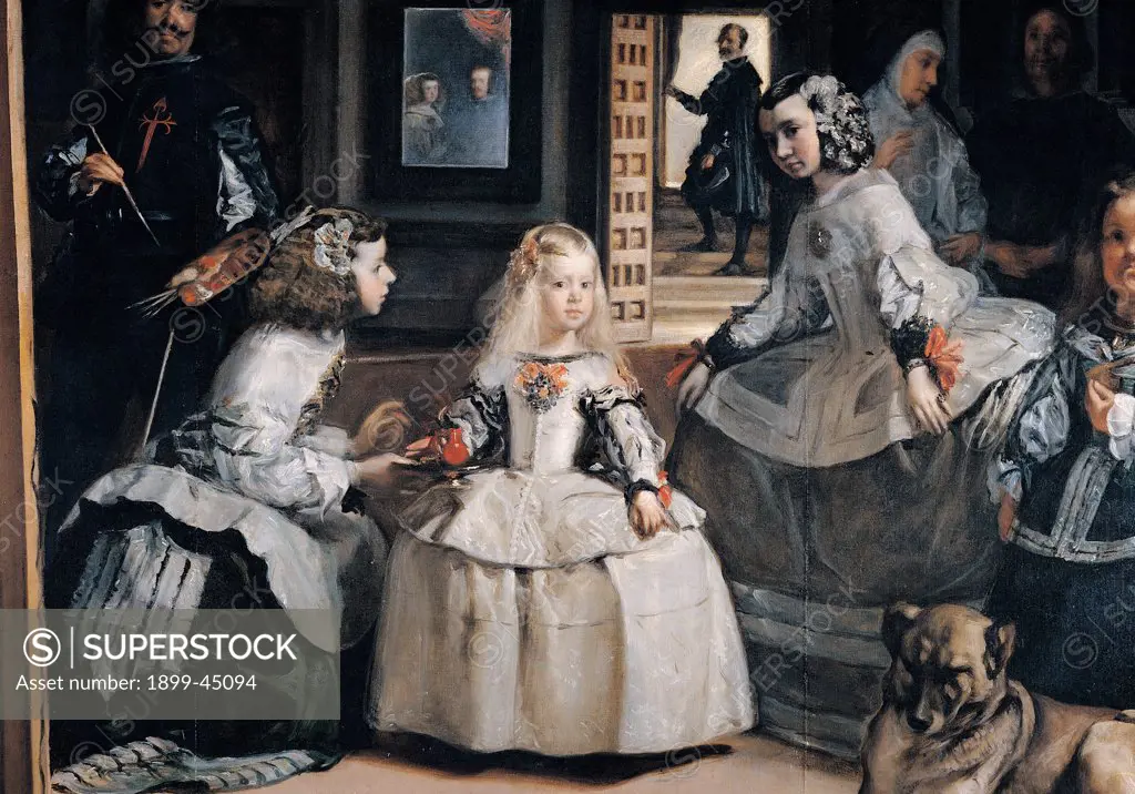 The Family of Philip IV (Las Meninas), by Velázquez Diego Rodriguez de Silva y, 1656 - 1656, 17th Century, oil on canvas. Spain. Madrid. Madrid. Prado National Museum. Detail of The Infanta Margarita (at the center) and the Meninas (Dona Maria Augustina de Sarmiento, Dona Isabel de Velasco). Dogs flowers pins hairpins/barrettes painter palette brushes mirror door steps nun full skirts period fashion dark tones/hues/shades black brown white blond/fair hair pink orange