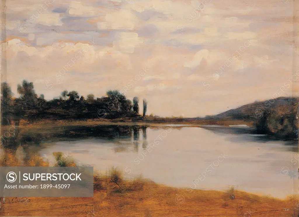 The Po River Near Chivasso, by Cosola Demetrio, 1880 - 1890, 19th Century, oil on panel. Private collection. All The Po River near Chivasso embankment/bank bank river water sky clouds green light blue/azure trees
