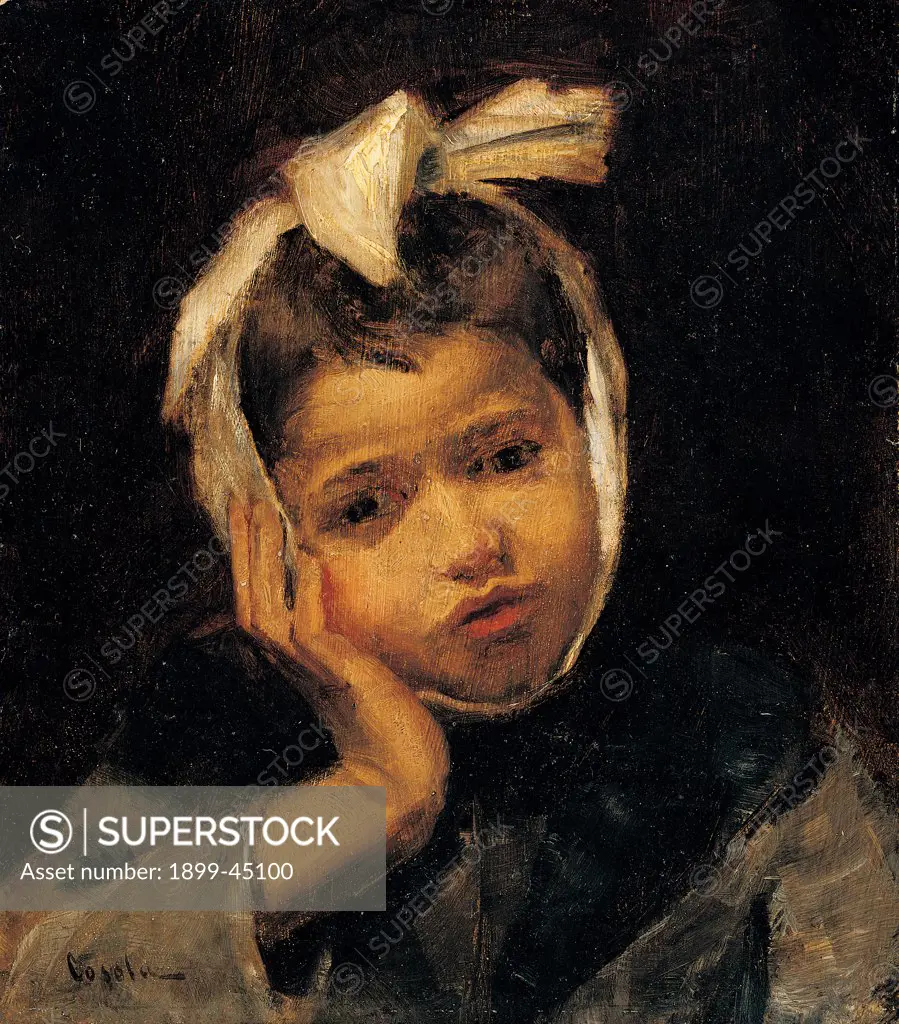 Toothache, by Cosola Demetrio, 1875 - 1895, 19th Century, oil on panel. Private collection. Whole artwork. Private collection face swollen mouth cheek handkerchief hand arm little boy jacket brown
