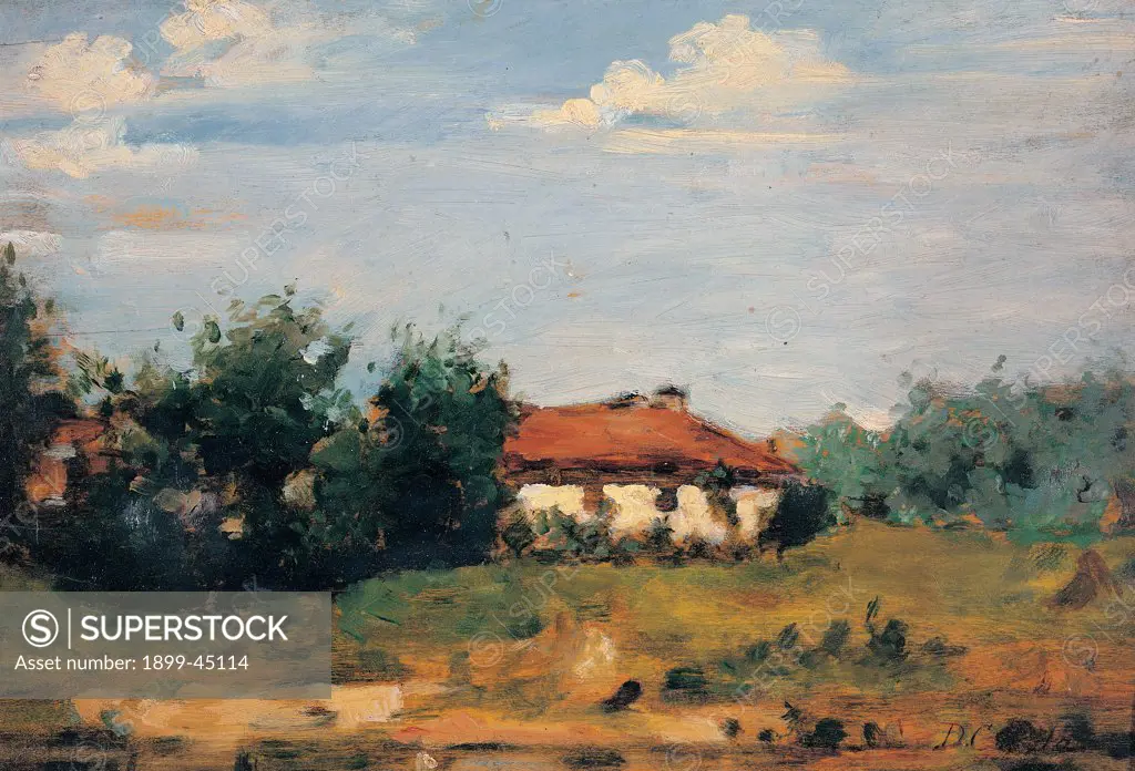 Landscape, by Cosola Demetrio, 1890 - 1895, 19th Century, oil on panel. Private collection. Whole artwork. Landscape meadow trees house roof sky clouds light blue/azure green