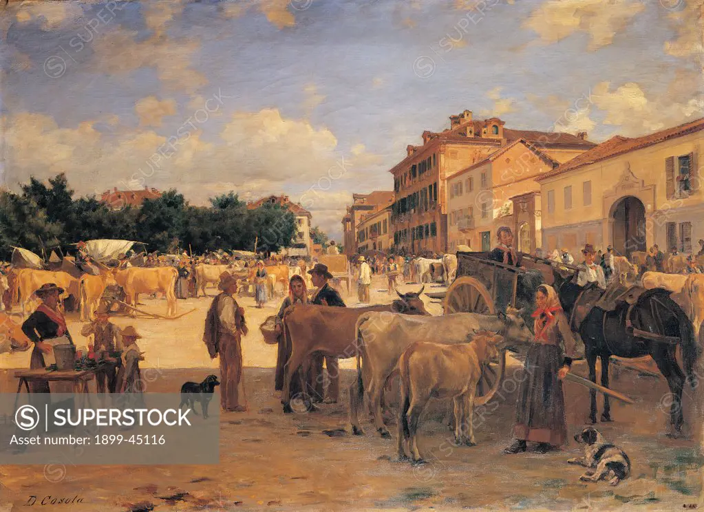 Chivasso Market, by Cosola Demetrio, 1880 - 1885, 19th Century, oil on panel. Private collection. Whole artwork. Chivasso market woman sale way street stall awnings dog cow cart houses brown