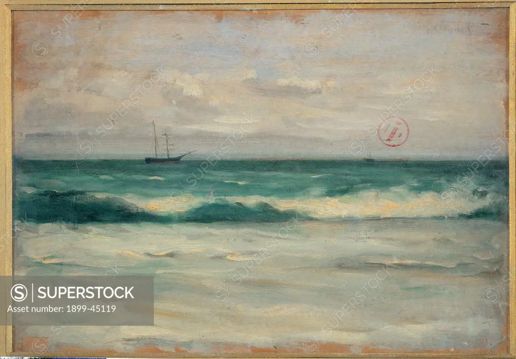 Seascape, by Cosola Demetrio, 1870 - 1895, 19th Century, oil on panel. Private collection. Whole artwork. Seascape with a boat sea wave sky clouds light blue/azure white foam beach
