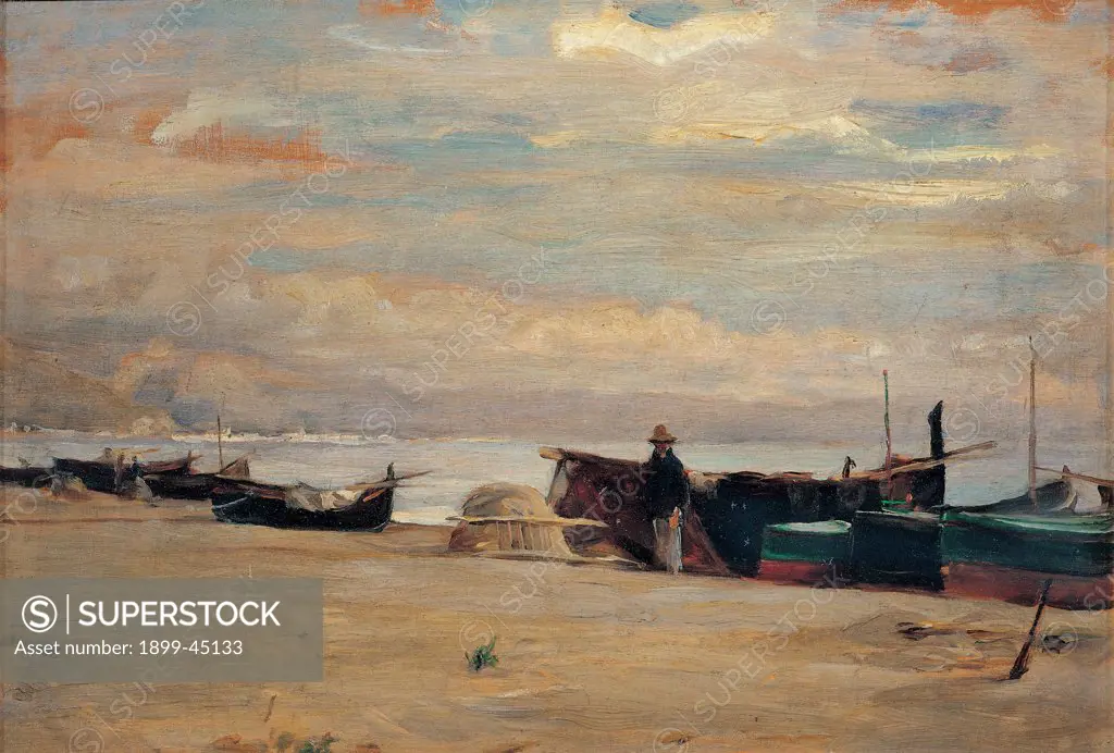 Seascape with Boat, by Cosola Demetrio, 1875 - 1895, 19th Century, oil on panel. Private collection. All Seascape with boat sea sky clouds light blue/azure white sand brown water beach/shore/sea-shore cloudy/overcast