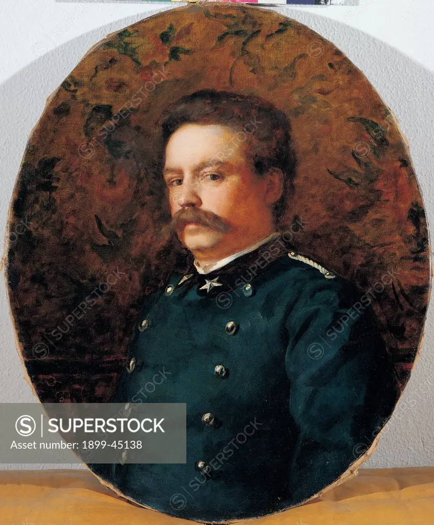 Portrait of a Carabiniere, by Cosola Demetrio, 1875, 19th Century, oil on canvas. Private collection. Whole artwork. Portrait of a Carabiniere bust moustache uniform roundel
