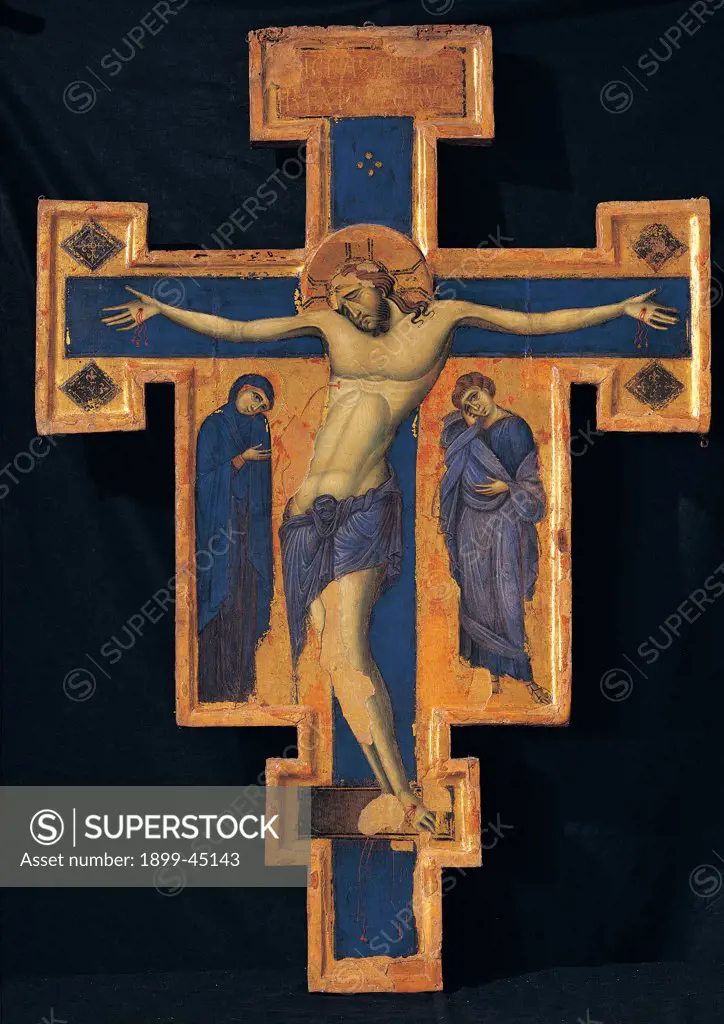 Crucifix, by Master of the Blue Crosses, 1233 - 1266, 13th Century, tempera on linen pasted on panel. Italy: Umbria: Perugia: Assisi: Treasury Museum of San Francesco Basilica. Umbrian or Emilian master of second third of 13C. Front Christ Crucifixion Mary St John gold blue girdle Cross