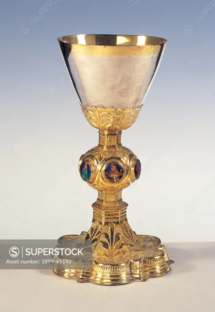 Chalice, by Umbrian-Senese Work, 15th Century - 16th Century, pressed silver, embossed and gilded and enamel. Italy: Umbria: Perugia: Assisi: Treasury Museum of San Francesco Basilica. Whole artwork. Chalice silver gold enamel decoration