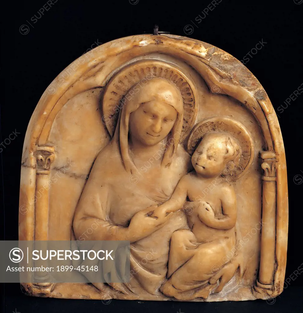 Madonna and Child, by perhaps by Sienese anonymous artist, 1325 - 1350, 14th Century, marble. Italy: Umbria: Perugia: Assisi: Treasury Museum of San Francesco Basilica: Collezione Perkins. Whole artwork. Madonna and Child halo/aureole Maria Jesus column