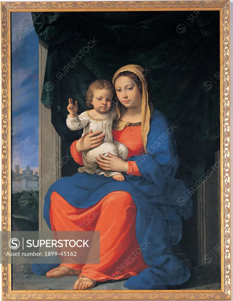 Madonna and the Blessing Child, also known as The Madonna of Fiorano, by Lana Ludovico, 1636, 17th Century, oil on canvas. Italy: Emilia Romagna: Modena: Estense Gallery. Whole artwork. Madonna Virgin Mary Infant Jesus/Christ Child/Baby Jesus/Jesus Child Blessing red blue veil mantle/cloak sandals mother