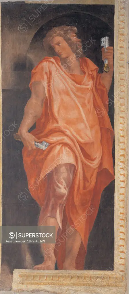 Janus, by Orsi Lelio, 16th Century, detached fresco. Italy: Emilia Romagna: Modena: Estense Gallery. Whole artwork. Janus keys young man red drape/cloth drapery/draping head bifronte