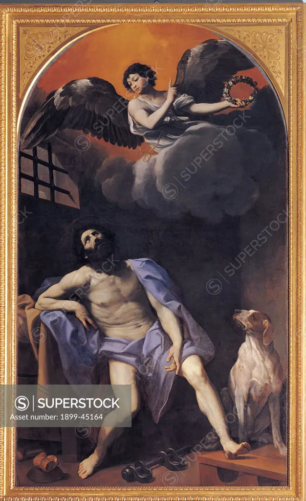 St Roch in Prison, by Reni Guido, 1617 - 1618, 17th Century, oil on canvas. Italy: Emilia Romagna: Modena: Estense Gallery. Whole artwork. St Roch imprisoned/jailed looks up towards an angel carrying a crown of flowers. A dog is crouching next to the Saint