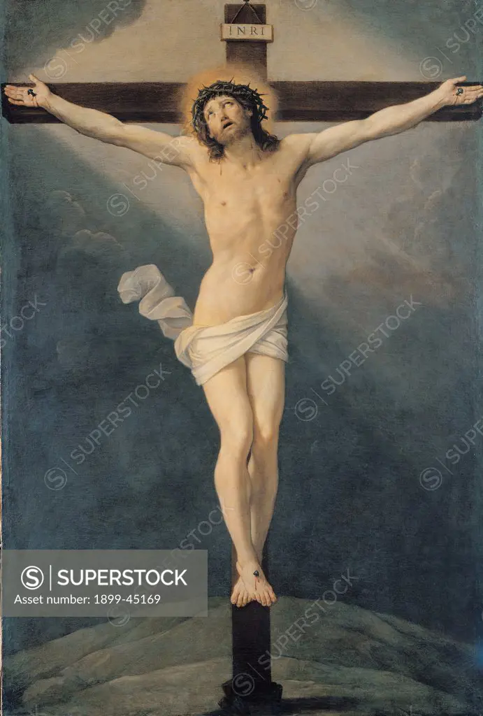 The Crucifixion, by Reni Guido, 17th Century, oil on canvas. Italy: Emilia Romagna: Modena: Estense Gallery. Whole artwork. Jesus Christ crucified crucifix Golgotha/Calvary dark/gray/overcast sky light