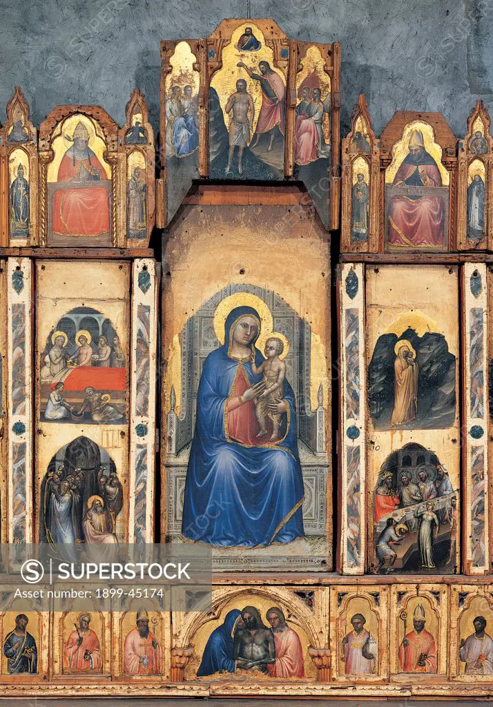 Polyptych, by Giusto de' Menabuoi Giusto Padovano, 1360 - 1362, 14th Century, tempera on panel. Italy: Veneto: Padua: Baptistery. Detail. Central side polyptich Madonna/Virgin Mary with Child enthroned predella Pieta saints cymatium moulding Christ's Baptism and saints bishops episodes of Christ's life