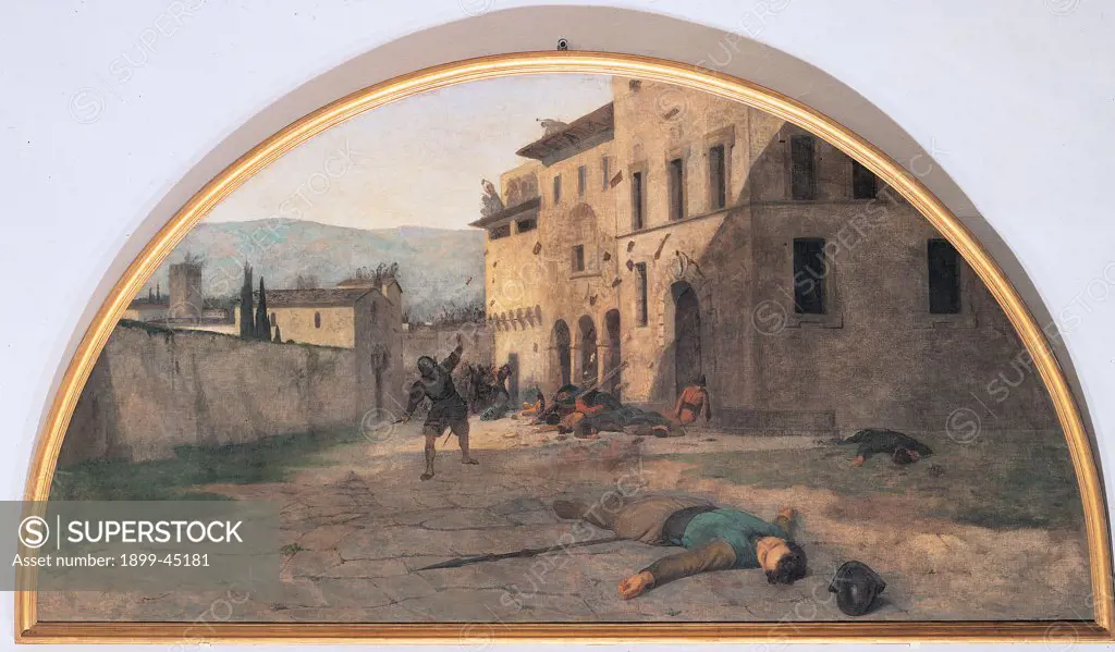 War, by Lega Silvestro, 1863, 19th Century, oil on canvas. Italy: Emilia Romagna: Forli Cesena: Modigliana: Cathedral: Chapter. Whole artwork. Lunette war road town houses dead man soldiers