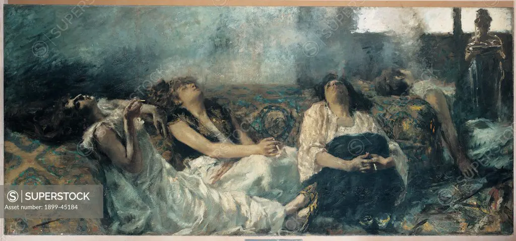 Hashish (The Hashish Smokers), by Previati Gaetano, 1887, 19th Century, oil on canvas. Private collection. All smoking women smokers hashish addiction smoke