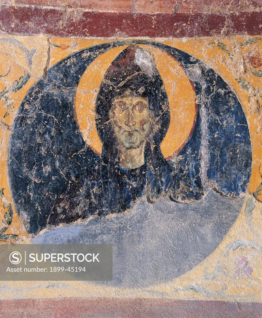 St Benedict, by Unknown artist, 12th Century, fresco. Italy: Lazio: Frosinone: Montecassino: Montecassino Abbey: Sant'Anna Chapel. Tondo saint St Benedict yellow blue face